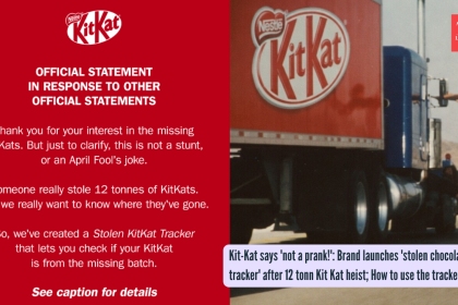 12 tonnes of KitKats stolen, brand says ‘not a prank’ - launches ‘stolen chocolates tracker’ to catch the thief