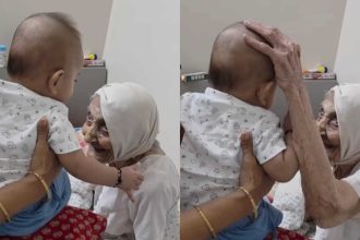 Cute interaction between104-year-old great-grandmother and her 4-month-old great-grandson