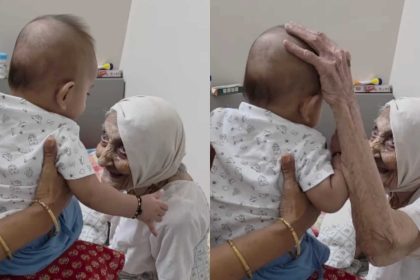 Cute interaction between104-year-old great-grandmother and her 4-month-old great-grandson