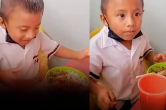 This little boy was not willing to eat the best part of his meal because he was saving it for... "It's for my..."
