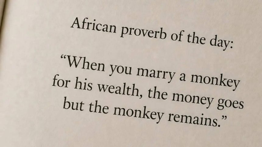 African proverb of the day: “When you marry a monkey for his wealth, the money goes but the monkey remains.”