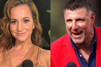 Mike Vrabel tosses his head sideways when Dianna Russini talks about bedroom details