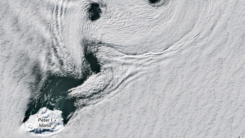 NASA captures a sea of spinning clouds over Antarctica’s remote volcanic island