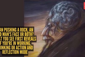 Optical illusion personality test: Man pushing a rock, an old man's face or both? What you see first reveals if you're in wor