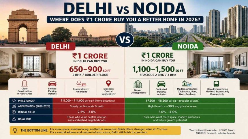Delhi vs Noida: Which city gives homebuyers more space for ₹1 crore budget?
