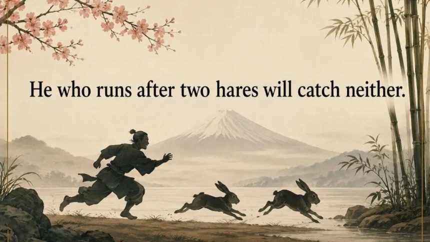 Japanese proverb of the day: “He who runs after two hares will...”