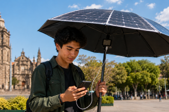 Mexico student designs solar umbrella that turns sunlight into mobile phone power on the go