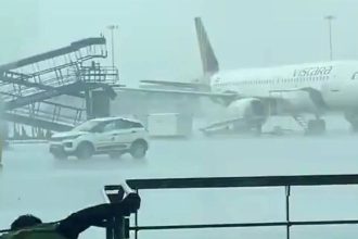 Watch: Indigo stepladder crashes into parked Air India aircraft at Delhi airport during sudden storms