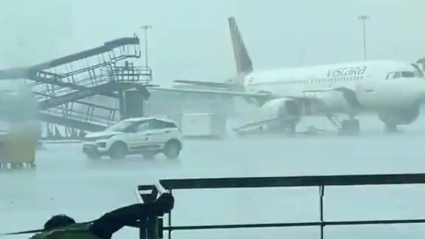 Watch: Indigo stepladder crashes into parked Air India aircraft at Delhi airport during sudden storms