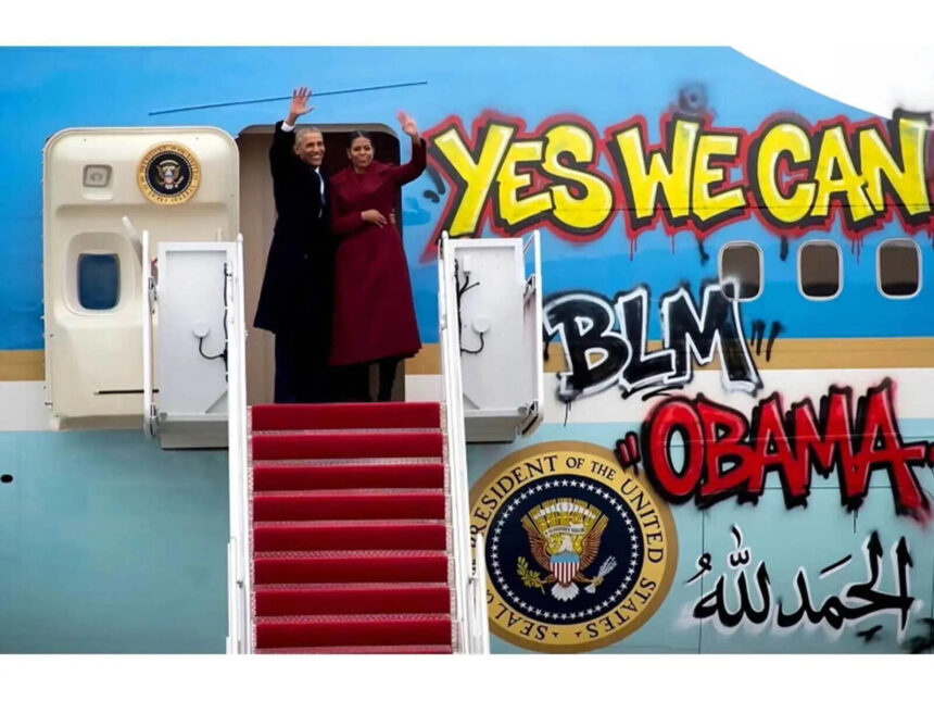 A doctored pic of Obamas & Air Force One with graffiti