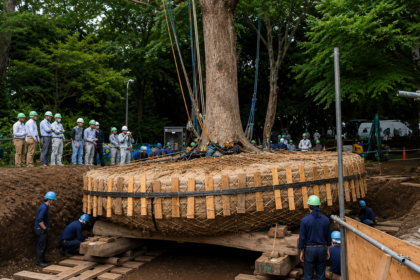 Japan does not cut down centuries-old trees for development. Instead, experts spend months preparing their roots and relocati