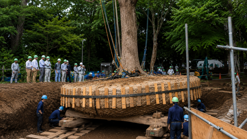 Japan does not cut down centuries-old trees for development. Instead, experts spend months preparing their roots and relocati
