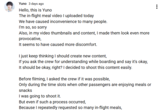 Mukbang YouTuber Yuno apologizes after plane food ordering video sparks backlash