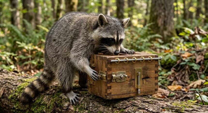 Scientists gave wild raccoons four-lock puzzle boxes to test their problem-solving skills, but the animals opened them using