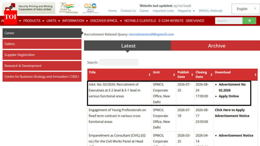 SPMCIL Assistant Manager Recruitment 2026 begins at spmcil.com, applications open until August 24