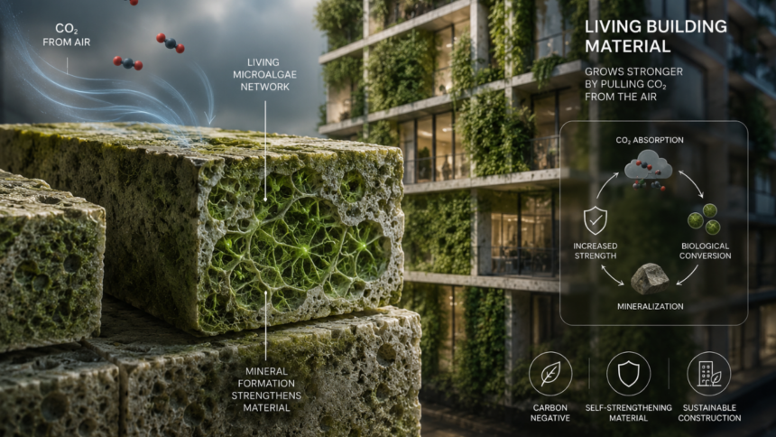 Swiss scientists have created a living building material that grows stronger by pulling carbon dioxide from the air