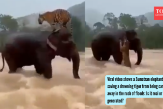 Viral video shows a Sumatran elephant saving a drowning tiger from being carried away in the rush of floods: Is it real or AI