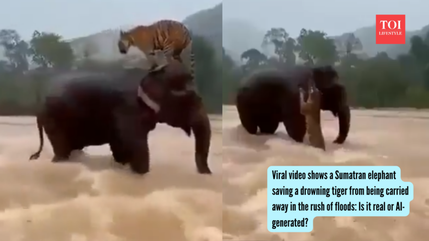 Viral video shows a Sumatran elephant saving a drowning tiger from being carried away in the rush of floods: Is it real or AI