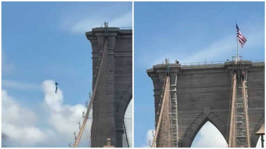Man climbs Brooklyn Bridge, strips naked, plants flags, jumps into East River; survives, identified