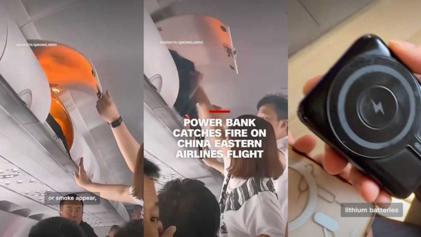 On July 24, a passenger packed a power bank in an overhead bin; minutes later it caught fire on a China Eastern flight, promp