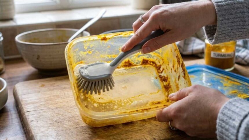 Remove stubborn turmeric stains from containers and hands at home